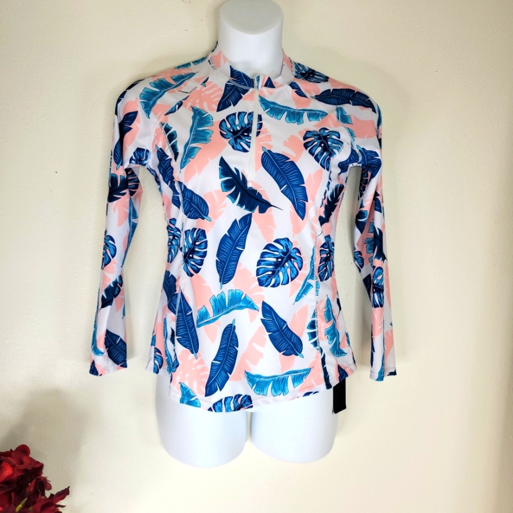 Tropical Leaf Print Long Sleeve Swimsuit top